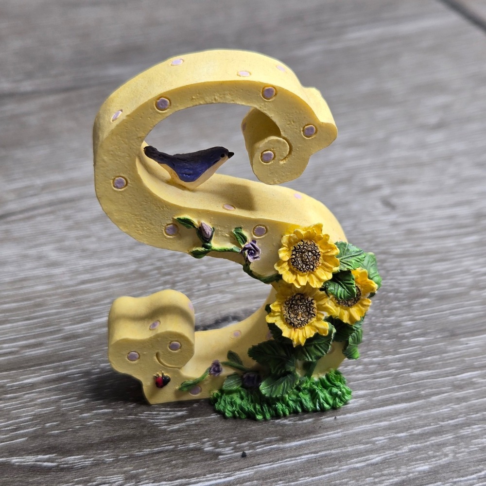 Linda Grayson Alphabet Letter S Figurine Sunflower Bird Yellow Cottagecore Small